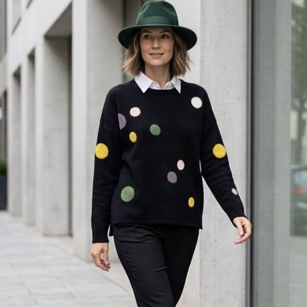 P. Luca Milano Polka Dot Knit Sweater Womens M Black Long Sleeve Viscose Blend